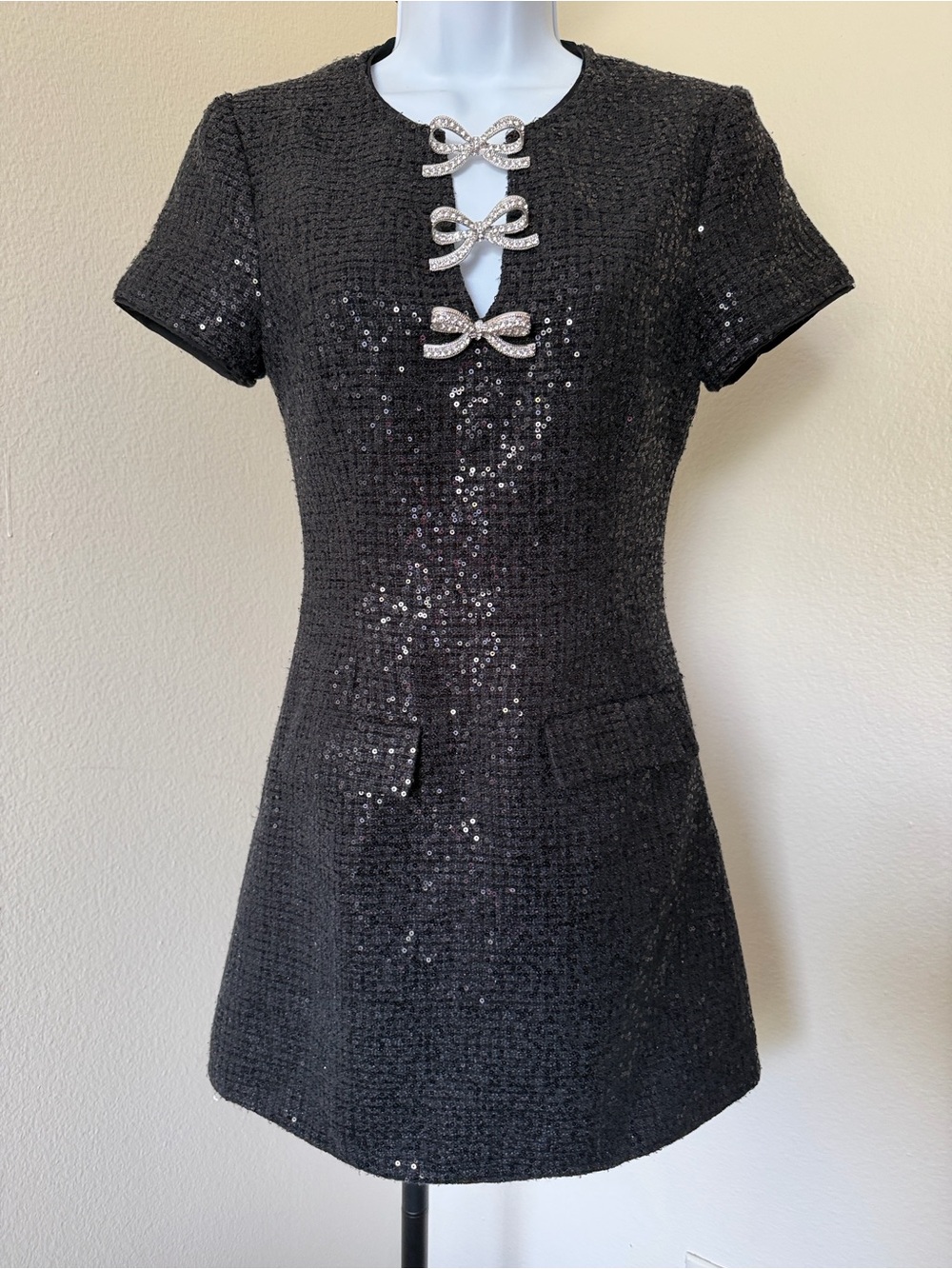 Self-Portrait Black Sequin Tweed Bow-Accent Dress